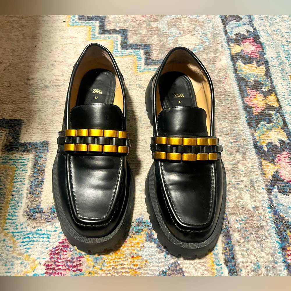 Zara, Black & Gold Embellished Chunky Lug Sole Loafers, Women's Size 37